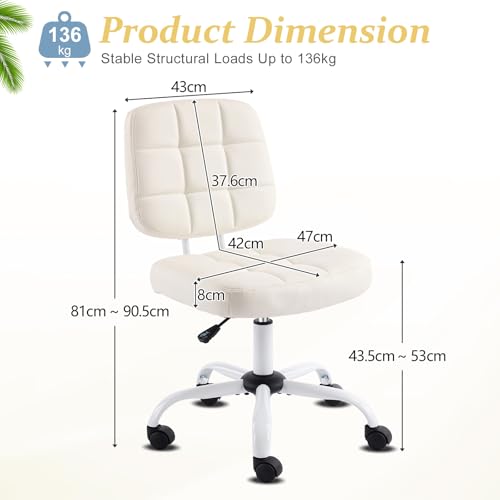 Bonnlo Home Office Swivel Computer Desk Chair with Wheels, Height Adjustable Vanity Chair without Armrest for Small Space, Dressing Table, Bedroom, PU Leather, White