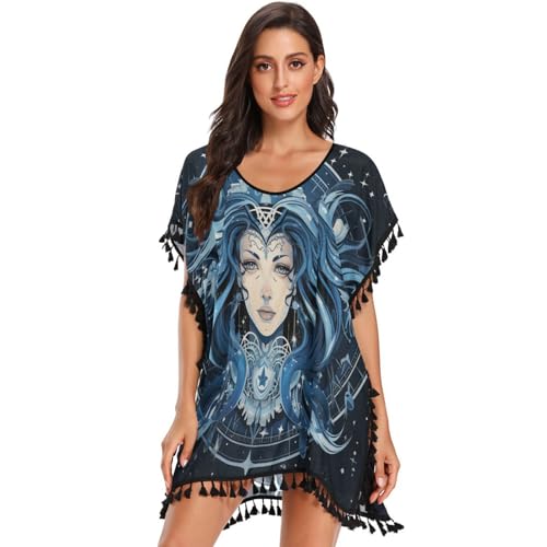 Cool Queen Horoscope Art Women's Beach Cover Up Chiffon Tassel Swimwear Swimsuit Coverups for Girl