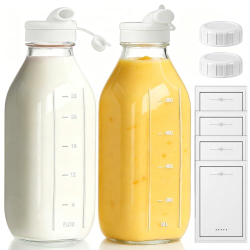PELARISE 2er Glasflaschen mit Deckel Glasflasche 1 Liter Glasflaschen zum Befüllen Smoothie Flasche Milchflaschen Glas Saftflaschen mit Kapazitätsskala Glasflasche für Saft Milchshakes Milch
