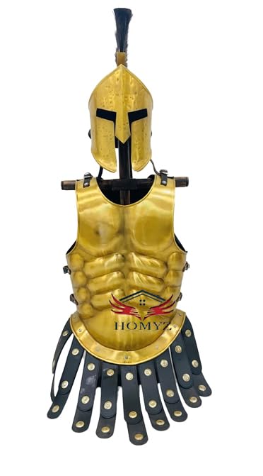 HOMYZ Armor Spartan 300 - Casco medieval griego romano rey Leónidas, chaqueta de armadura muscular, acabado de latón, disfraz de guerrero para cosplay