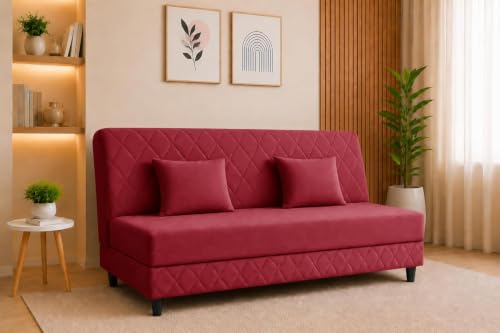 Image of Deco Studio 3 Seater Sofa Bed | Premium Upholstered Velvet Fabric Folding Couch for Living Room, Guest Room & Bedroom | Quilted Backrest with 2 Cushions (Red)