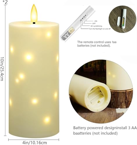 Image of YOROXRG 4 inch x 10 inch Large Outdoor Waterproof Flickering Flameless Candles with Timer,2Pcs Battery Operated LED Pillar Candles with Embedded Star String for Outdoor Lanterns,Porch,Patio Decor(Ivory)