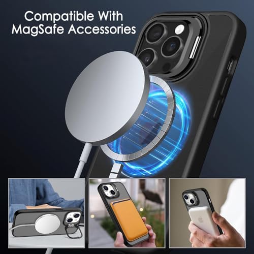 Image of TheGiftKart Hybrid Matte Frosted Back Cover Case for iPhone 14 Pro MAX Compatible with MagSafe | Built-in Stand | Shockproof Hard Back Case Cover for iPhone 14 Pro MAX (PC & TPU, Translucent Black)