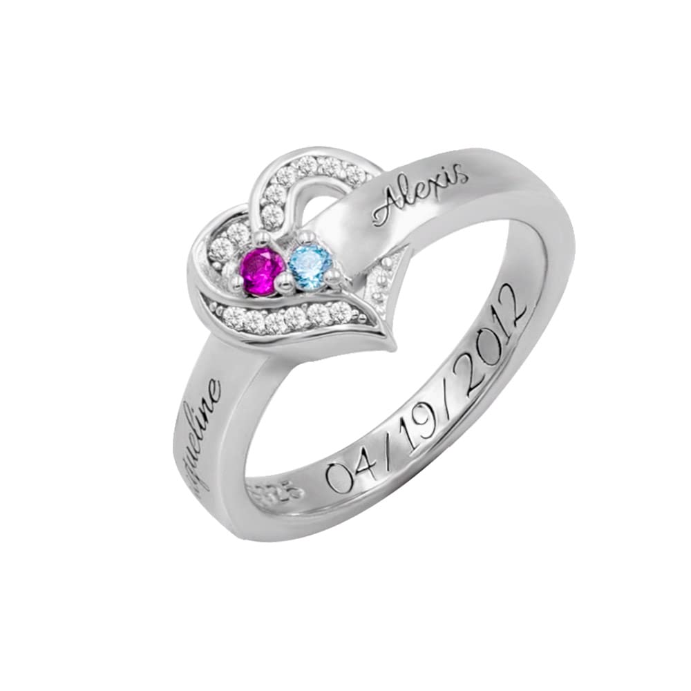 Anillo personalizado con piedra de nacimiento con 18 piedras de nacimiento simuladas y anillo de nombres grabados para mamá anillo de plata de ley 925 para mujer, anillos de promesa personalizados