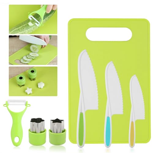 7 Pcs Montessori Kids Knife Set for Real Cooking, BPA Free Kitchen Cooking Tools Toys for 3-12 Year Old Boys Girls, Toddlers Knife Set with Peeler, Cutting Board and Cookie Cutter for Kids Gift