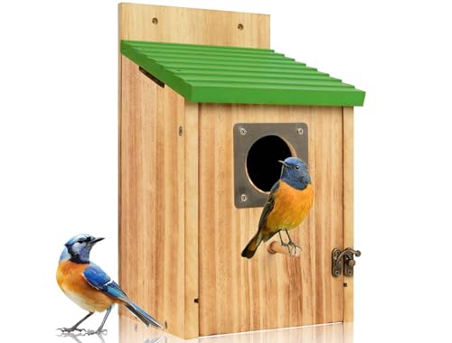 Bird Houses for Outside - Cedar Bluebird Houses with Metal Predator Guard, Birdhouse for Wren Bluebirds Finches Swallows, Carbonized Wooden Birdhouse -1 Pack