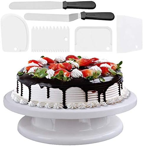 11 Inch Rotating Cake Turntable with 2 Icing Spatula and 4 Icing Smoother, Revolving Cake Stand White Baking Cake Decorating Supplies(Total 7 PCS)