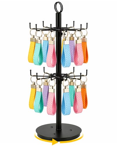ORLESS 2 Tier Rotating Jewelry Display Stand, Keychain Display Stand with 16 Hooks, Black Metal Retail Display Spinning Holder for Vendor, Spinning Display Rack for Necklace Bracelet Earring Organizer