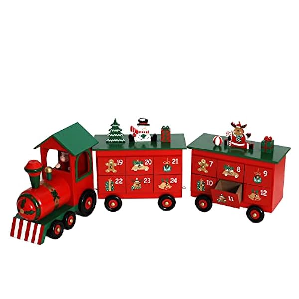 PIONEER-EFFORT - Calendario dell'Avvento in legno con cassetti per adulti e bambini, decorazione per conto alla rovescia (rosso e nero e verde grande treno)