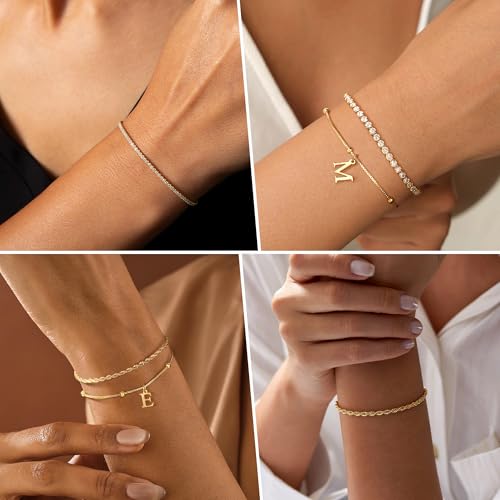 Gold Bracelets for Women Girls - Dainty Gold Bracelet Stack Jewelry Set Personalized Initial Bracelets Cute Stackable Rope Box Chain Tennis Bracelets Gifts for Women Teen Girl Gifts3