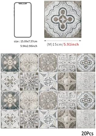 20Pcs Tile Stickers Vintage Gray Moroccan Style Wall Stickers for Kitchen Bathroom Self Adhesive Tiles Stickers 15×15cm Walls Fireplace Stickers Victorian Artdeco DIY