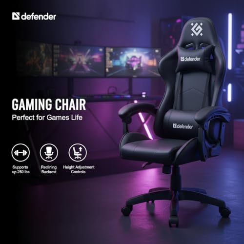 Defender® DAYTO Gaming Stuhl, Ergonomischer PC Stuhl, bequemer Bürostuhl für Home Office oder Gamer-Sessel, Kopfkissen, Höhenverstellbar, Computerstuhl, PU-Leder, Schwarz