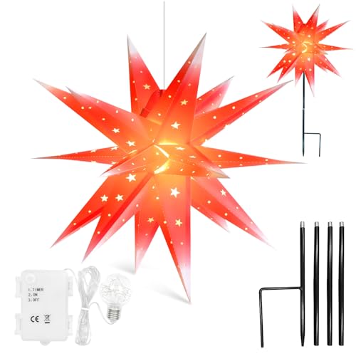 Preisvergleich Produktbild Qijieda 3D Weihnachtsstern Außen Batterie mit Timer - 58cm led Weihnachtsstern Beleuchtet, Leuchtstern Stern Zum Dekorieren von Innenhof, Balkon Und Garten(Red-White)