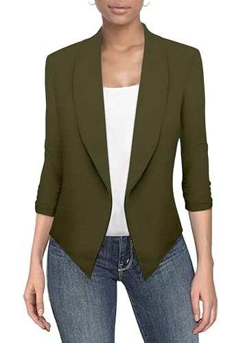 Hybrid & Company Lightweight Open Front Cardigan Classic Ruched Sleeve Work Office Blazer Suit Jackets JK1133 Olive XLarge