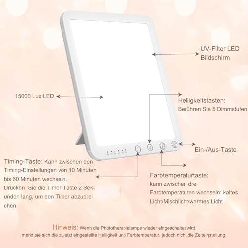 Mucek Tageslichtlampe, 15000 Lux Lichttherapielampe, UV-freie LED Tageslichtlampen, Simulation von Tageslicht, 3 Farbtemperaturen 5 Helligkeitsstufen Touch-Control Sonnenlicht Lampe, Vollspektrumlampe