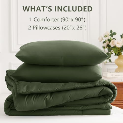 Image of HIMEET Queen Comforter Set, 3 Pieces 90x90 with 2 Pillowcases, Olive Green | 270GSM Down Alternative Fill, Oeko-TEX Certified, 8 Corner Ties Quilted, All Season, Fluffy Bed Set, Bedroom Decor Bedding