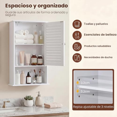 Miniatura 4 de Lifezeal Armario De Baño De Pared Con 3 Estantes De Almacenamiento, 42 X 17 X 70 Cm, Armario De Almacenamiento Colgante De Una Puerta De Madera Para Cuarto De Baño, Estante Ajustable Blanco
