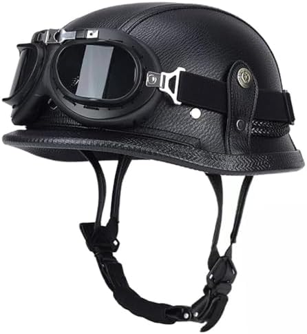 German Style Retro Leather Motorcycle Half Helmet Skull Cap for Adult Men Women, Vintage Open Face Half Shell Helmet for Cruiser Scooter Chopper, DOT Approved (Black, Large)