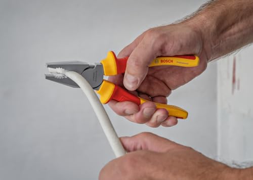 Image of BOSCH Professional VDE Combination Pliers 180mm | Certified for Live Work up to 1000V | Chrome Vanadium Steel | Hardened Cutting Edges | Ergonomic Soft-Grip Handles | High-Leverage Design