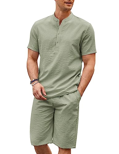 COOFANDY Men's 2 Pieces Linen Set Casual Henley Shirts Short Sleeve Beach Yoga Shorts Summer Pants Outfi