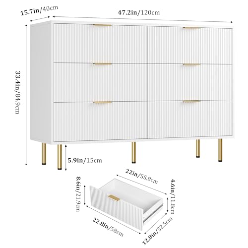 GarveeHome 6 Drawers Dresser for Bedroom, Fluted Dresser Chest of Drawers with Handle, Wood Modern Dressers for Closet, Bedroom Furniture Storage Organizer for Living Room, Hallway