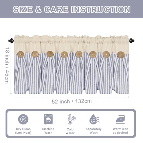 ASPMIZ-Cotton-Linen-Kitchen-Valance-Curtains-Boho-Rustic-Button-Valances-for-Windows-Farmhouse-Style-Blue-Stripe-Window-Valances-for-Bathroom-Cafe-Tie-Up-Valances-for-Kitchen-Windows-52-x-18-Inch ASPMIZ Cotton Linen Kitchen Valance Curtains Boho Rustic Button Valances for Windows Farmhouse Style Blue Stripe Window Valances for Bathroom Cafe Tie Up Valances for Kitchen Windows 52 x 18 Inch