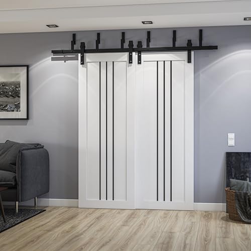 Image of Sliding Closet Barn Bypass Doors | Base 4906 White with Black Opaque Glass | 6.6ft Rails Hardware Set | Wood Solid Bedroom Wardrobe Doors