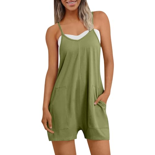 FOCLMP Womens Shorts Romper Beach Vacation Sleeveless Spaghetti Strap Overalls Casual Summer Boho Solid Jumpsuits with Pocket spring romper short women Green S