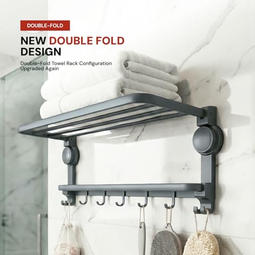 Image of Amazon Basics Suction Towel Rack for Bathroom | Rustproof Wall - Mounted Towel Holder with Hooks | Strong Vacuum Grip, No Drilling Required Grey