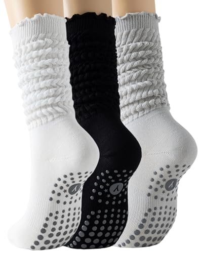 Image of Yawlsow Pilates Socks with Grips for Women Yoga Ruffle Grippy Non Slip Long Slouchy Scrunch Socks for Barre Workout Hospital