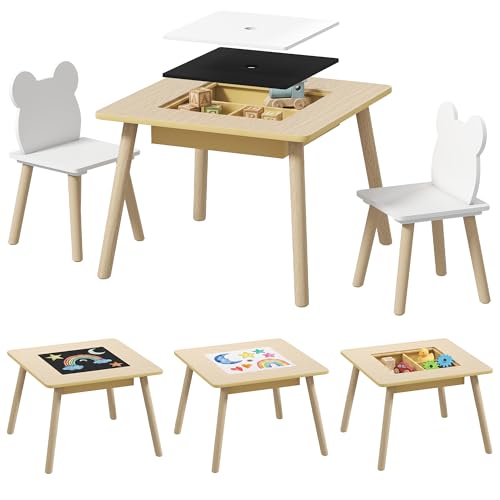 AIYAPLAY Juego de Mesa y 2 Sillas Infantiles de Madera, Mesa Infantil con Sillas, con Pizarra, Respaldo en Forma de Osito y Compartimentos, para Niños, para Guardería, Dormitorio, Natural y Blanco