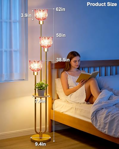 Image of 3-Light Lotus Floor Lamp, Mid Century Modern Deep Red Glass Gold Floor Lamp for Living Room, 62 Inch Standing Tall Lamps with Warm White 3000K Bulbs for Bedroom Sofa Beside Home Decor