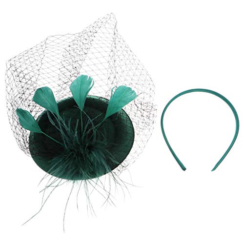 FRCOLOR Fascinator Hats Feather Derby Tea Party Hat Mini Pillbox Hat with Veil Headband Church Headwear for Cocktail Wedding Bridal Women Girls Green - Image 2