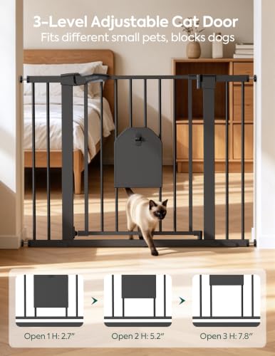 Image of Babelio Auto Close Dog Gate with Cat Door, CatPrivilege I, 29-43 inch | Safety Gate for Doorway & Stairs, Easy Walk Thru with Pet Door, Includes 4 Wall Cups and 3 Extension Pieces, Black