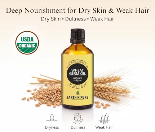 Image of Earth N Pure Wheat Germ Oil 100% Pure & Natural Rich in Vitamin E for Skin Care, Hair Growth & Face - Cold Pressed Wheatgerm Oil for Massage, DIY & Aromatherapy- 15ml