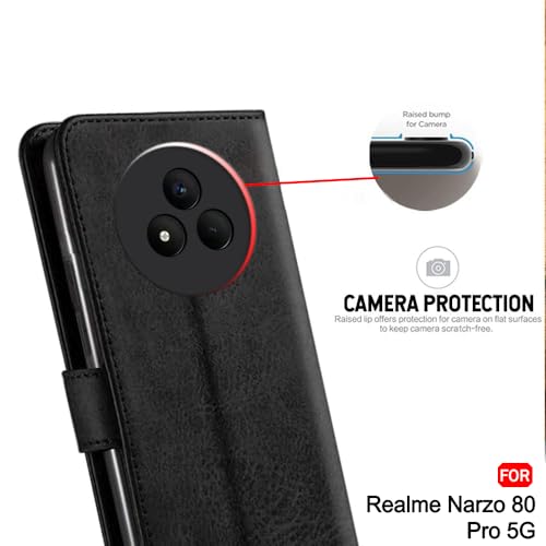 Image of TheGiftKart Flip Cover Back Case for Realme Narzo 80 Pro 5G | Genuine Leather Finish | Designer Button | Inbuilt Pockets & Stand | Wallet Style Flip Back Cover for Narzo 80 Pro (Faux Leather, Black)