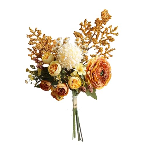 Fyearfly Flores artificiales de Lisianthus de seda falsas, color naranja, beige, borde quemado, arreglo floral vintage para decoración del hogar, centro de mesa de boda
