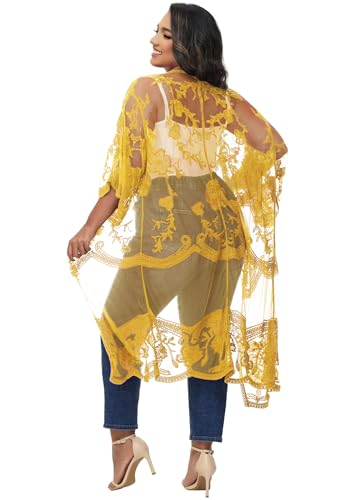 Image of Anna-Kaci Women's Plus Size Lace Cardigan Embroidered Long Kimono Dusters with Half Sleeves