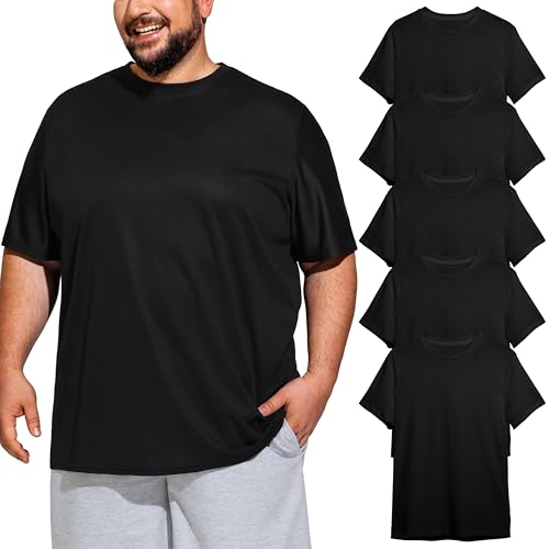 UEEKO Big & Tall T Shirts for Men 5 Pack Moisture Wicking Dry-Fit Workout Tees Comfort Fit Short Sleeve for Oversize Great for Gym Running Casual Undershirts Black 4XLT