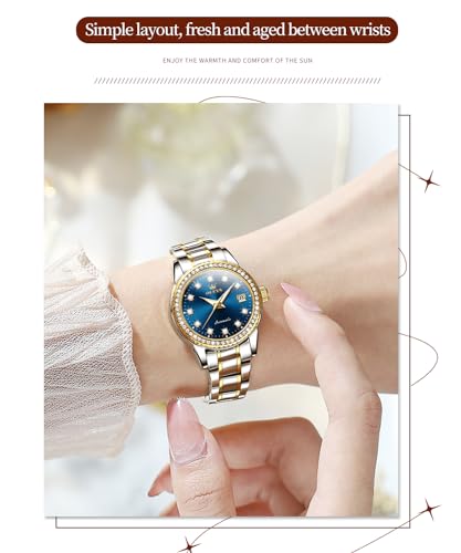 Image of OLEVS Womens Diamond Watches Automatic Mechanical Gold Luxury Dress Ladies Self Winding Original Stainless Steel Wrist Watch