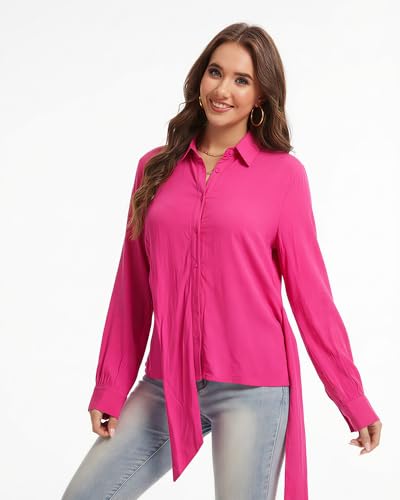 Fyralis Women's Dressy Long Sleeve Button Down Blouse with DIY Knot, Business Casual Lightweight Solid Shirt (US, Alpha, Large, Regular, Regular, Rose Red) — view 6