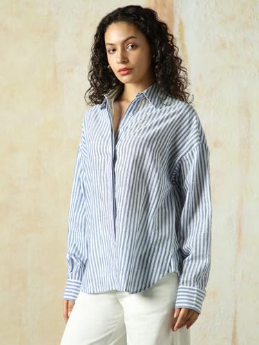 Image of HIGH Star Oversized Striped Cotton Shirt for Women | Stylish Tops for Women | Comfortable and Trendy Casual Shirt