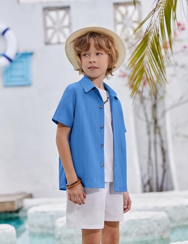 Image of Arshiner Boys Casual Short Sleeve Button Down Shirt Fashion Textured Summer Beach Shirt 3-13 Years Old