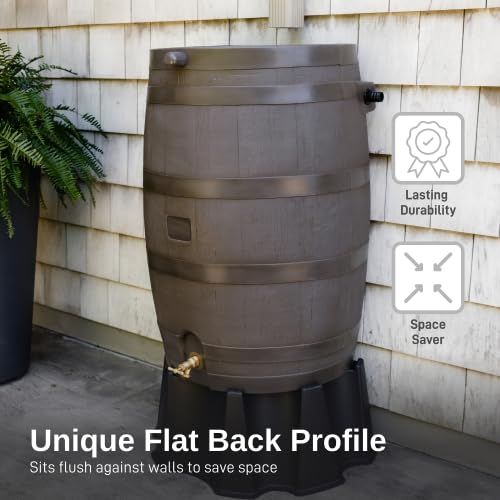 Image of RTS Home Accents 50-Gallon Rain Barrel, Flat Back Rain Water Collection Barrel, Stand and Link Kit Included, Walnut Color (2 Pack)