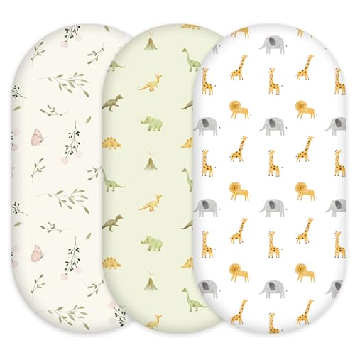 Image of Civarua Kids Baby Bassinet Sheets - 3 Pack Breathable Cradle Bassinet Mattress Sheets for Newborns Universal Fit for Hourglass, Oval, Rectangle Mattresses (32" x 16") Dinosaur Elephant