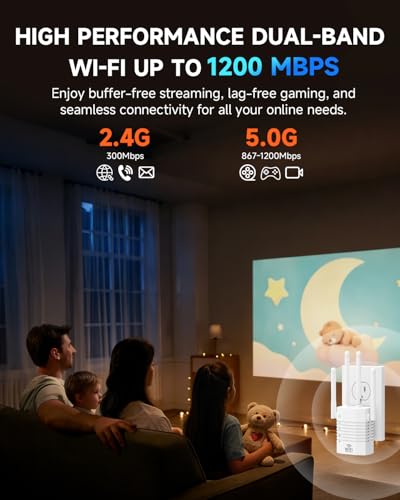 Image of WiFi Extender 1.2Gbps Dual Band 5GHz /2.4GHz, 12,880 Sq.ft Coverage, 4 Antennas 360 Coverage, 1 Ethernet Port, Supports 105 Devices & Easy Setup
