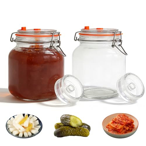 PORFOYO Jarre de Fermentation 2L, Verre à Fermentation avec Évent d’Air, Pour Kéfir, Kimchi, Choucroute et Levain, Bocal avec Couvercle en Silicone et Poids, Lot de 2