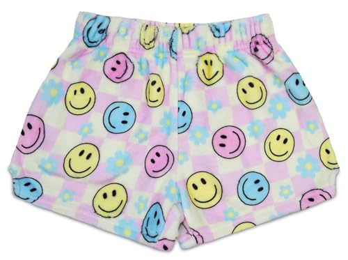 iscream Big Girls Blissful Boho Silky Soft Plush Shorts - Happy Check, Small (6/8)