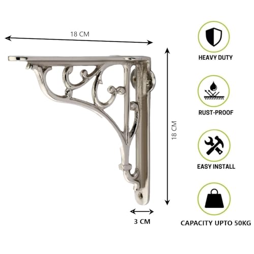 Image of GHAR DWAR Metal Handcrafted Shelf Bracket for Floating Shelves L Angle Decorative L Shaped Corner Brace Joint Heavy Duty Wall Mounted Shelf Supporter Brace Holder (Silver, Pack of 2)