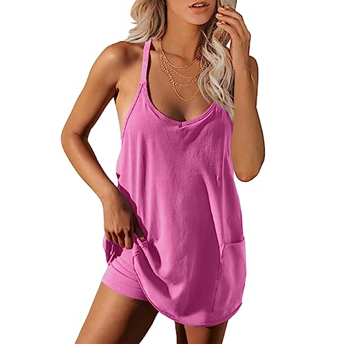 Image of UNIANKIYA Womens Workout Romper Dress with Shorts Underneath Sleeveless Spaghetti Straps Athletic Outfits Casual Vacation